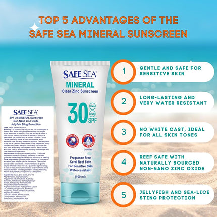 Safe Sea Zinc Oxide Sunscreen SPF30 | Clear Mineral Face And Body Sunscreen Without White Cast | Anti-Jellyfish Sting Protective Lotion | Travel Size - 100ml (2 Pack)