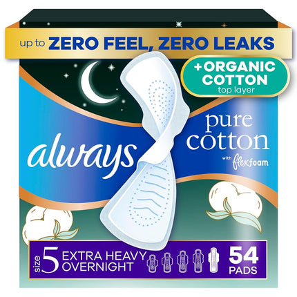 Always Pure Cotton, Feminine Pads For Women, Size 5 Extra Heavy Overnight Absorbency, Multipack, With Flexfoam, With Wings, Unscented, 18 Count x 3 Packs (54 Count total)