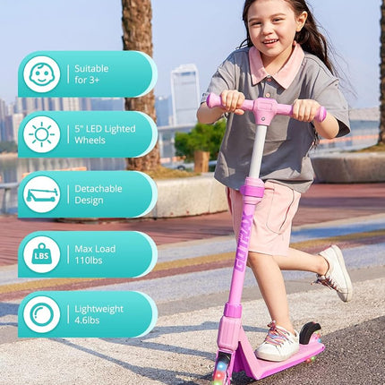 Gotrax K03 Kick Scooter for Kids, 5" LED Lighted Wheels and Adjustable Handlebars, Lightweight Design and Anti-Slip Deck, Max Load 110 Lbs, Kids Scooter for Boys & Girls Ages 3+, Pink
