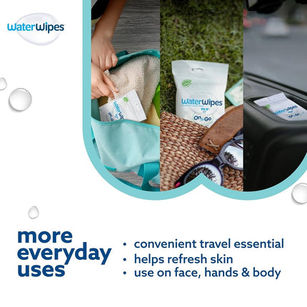 WaterWipes On The Go Wipes, 99.9% Water-Based Wipes for Travel, Sports, and to Refresh Skin, Unscented & Hypoallergenic, 224 Count (8 Packs)
