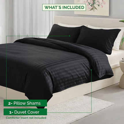 Elegant Comfort Best, Softest, Coziest 3-Piece Duvet Cover Sets! - 1500 Premier Hotel Quality Luxurious Wrinkle Resistant 3-Piece Damask Stripe Duvet Cover Set, Full/Queen, Black