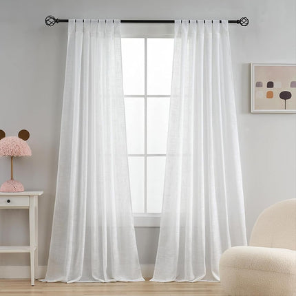 White Linen Semi Sheer Curtains Tab Top Light Filtering Elegant Curtains & Drapes for Living Room 52 x 84 Inch Length, Set of 2 Panels