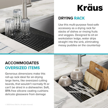 Égouttoir enroulable, passoire et dessous de plat KRAUS Multipurpose Workstation Sink en noir, KRM-11BL