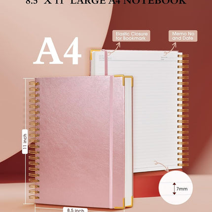 Spiral Notebook Journal 8.5” x 11”, 300 Pages Hardcover Leather Lined Journals for Women Men, A4 Large College Ruled Notebooks with 100 GSM Thick Paper, Spiral Journal for Writing Work School, Pink