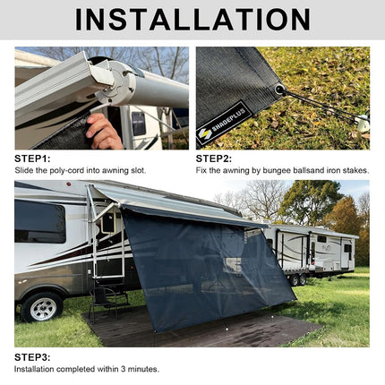 SHADEPLUS RV Awning Shade Screen Without Zipper 8'x12'3'' Black Mesh Universal Trailer Camper RV Awning Sun Shade Screen with Complete Kit Significantly Improves Shadow and Privacy