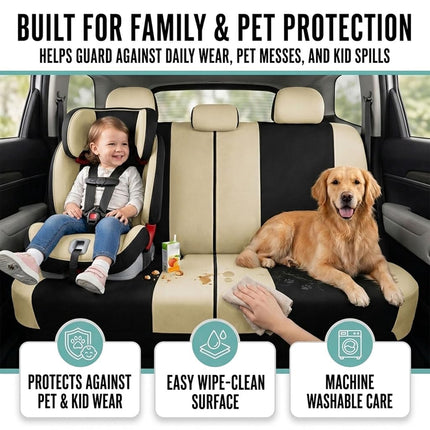 FH Group FB030BEIGEBLACK115-COMBO Seat Cover Combo Set with Steering Wheel Cover and Seat Belt Pad (Airbag Compatible and Split Bench Beige/Black)