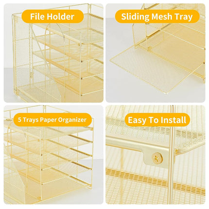 LEKETREE Desk Organizers with File Holder, 5-Tier Paper Organizer Letter Tray with Sliding Drawer and Extra Pen Holder, Mesh Desktop File Organizer for School Office Supplies (Gold)
