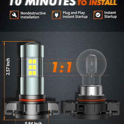 SEALIGHT 5202 LED Fog Lights Bulbs, 6000K Xenon White, 27 SMD Chips DRL Bulbs, 5202 5201 PS19W PS24W LED Fog Light, Pack of 2