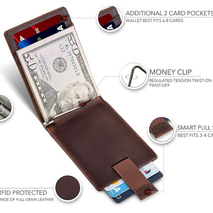 SERMAN Brands RFID Blocking Slim Bifold Genuine Leather Minimalist Front Pocket Wallets for Men with Money Clip Thin Gift, A. Texas Brown 1.s, Small