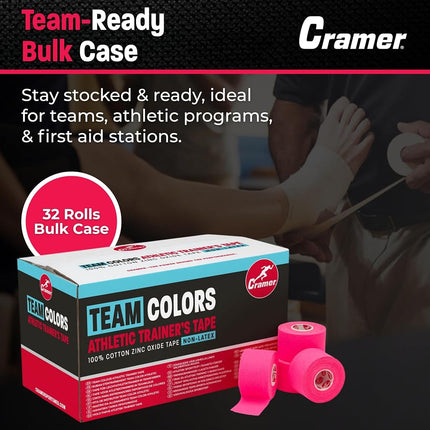 Cramer Team Color Athletic Tape, Pink, For Ankle, Wrist, and Injury Taping, Helps Protect and Prevent Injuries, Promotes Faster Healing, Athletic Training First Aid Supplies, 1.5", Bulk 32 Roll Case
