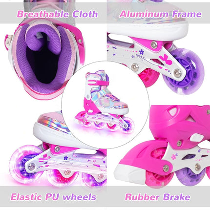 Kids Inline Skates for Girls Boys - Rose Red Blades Roller for Kids Age 4 5 6 7- Adjustable Indoor Outdoor Sports