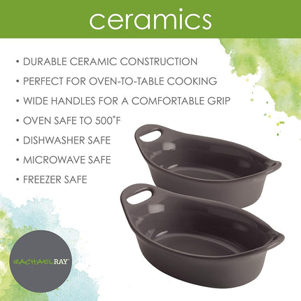 Rachael Ray Solid Glaze Ceramics Au Gratin Bakeware/Baker Set, Oval - 2 Piece, Gray