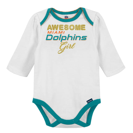 NFL Baby Girls' 3Pc Bodysuit, Footed Pant, & Cap Set, Miami Dolphins, 0-3 Months