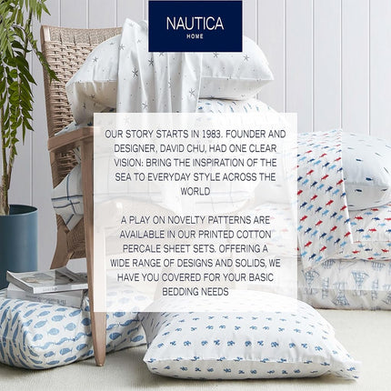 Nautica - Queen Sheet Set, Cotton Percale Bedding Set, Crisp & Cool, Lightweight & Breathable (White, Queen)
