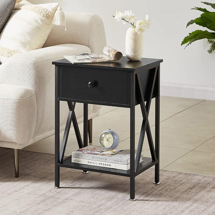 VECELO End Tables, Modern Nightstand with Drawer & Shelf, Night Stand for Bedroom Living Room,Industrial Metal Frame