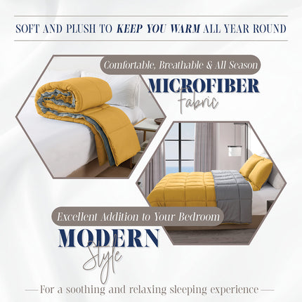 Elegante juego de edredón reversible de 3 piezas de Elegant Comfort, acogedor para todas las estaciones, alternativa suave a la pluma, acolchado – costura de caja – inserto de edredón con 4 pestañas en las esquinas, edredón con fundas, King, amarillo/gris