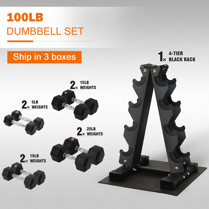 Fitvids 100LB Rubber Coated Hex Dumbbell Weight Set with Storage Rack, Free Weights with Anti-Slip Handle for Home Gym