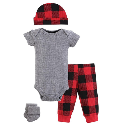 Hudson Baby Unisex Thermal Preemie Layette Set 4pc Short Sleeve Outfit, Buffalo Plaid, Preemie