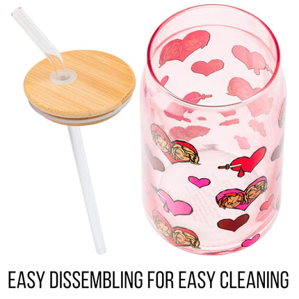 Silver Buffalo Chucky and Tiffany V-Day Heads and Hearts 16oz Glass Tumbler with Bamboo Lid and Glass Straw