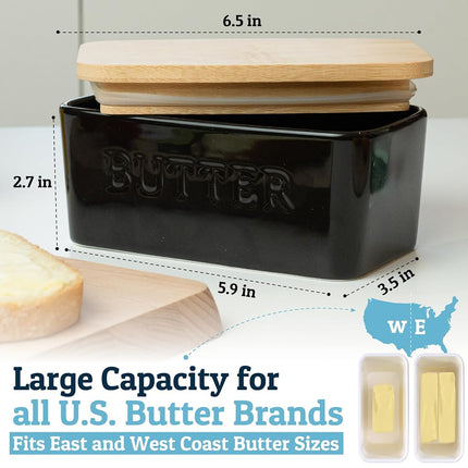 PriorityChef Large Butter Dish with Lid for Countertop, Ceramic Butter Container with Airtight Cover, Butter Keeper for Counter or Fridge, Black Butter Holder Storage