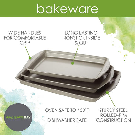 Rachael Ray Nonstick Bakeware Set Without Grips Includes Nonstick Cookie Sheets/Baking Sheets - 3 Piece, Silver