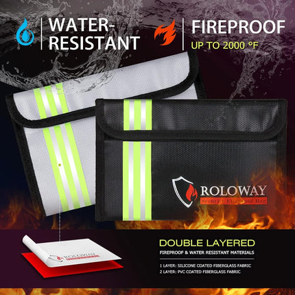 ROLOWAY Small Fireproof Bag (5 x 8 inches) with Reflective Strip, Fireproof Money Bag for Cash, Valuables, Passport, Currency & Keys (2-Pack)