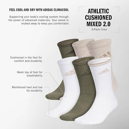 adidas Men's Athletic Cushioned Crew Socks (6 Pairs) Team Socks (Pack of 6), Olive Strata Green/Wonder Beige/White, L