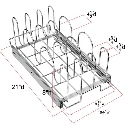 RITSU Slide Out Pan and Pot Lid Organizer for Cabinet, Kitchen Pull Out Pot Lid Rack Pantry Cutting Board Bakeware Cookware Holder - 11in. W x 21in. D - Chrome