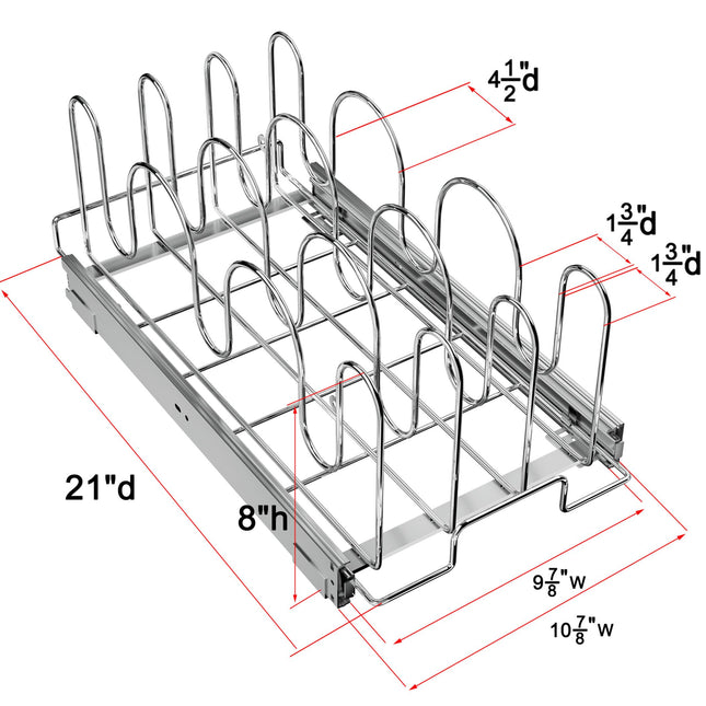 RITSU Slide Out Pan and Pot Lid Organizer for Cabinet, Kitchen Pull Out Pot Lid Rack Pantry Cutting Board Bakeware Cookware Holder - 11in. W x 21in. D - Chrome