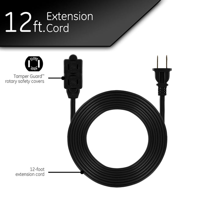GE 3-Outlet Power Strip, 12 Ft Extension Cord, 2 Prong, 16 Gauge, Twist-to-Close Safety Covers, Indoor Rated, Perfect for Home, Office or Kitchen, UL Listed, Black, 45152