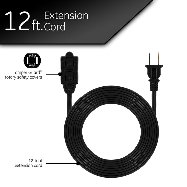 GE 3-Outlet Power Strip, 12 Ft Extension Cord, 2 Prong, 16 Gauge, Twist-to-Close Safety Covers, Indoor Rated, Perfect for Home, Office or Kitchen, UL Listed, Black, 45152