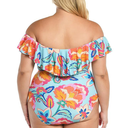 Traje de baño de una pieza con volantes y hombros descubiertos para mujer La Blanca, Multicolor//Breezy Beauty, 24 Plus