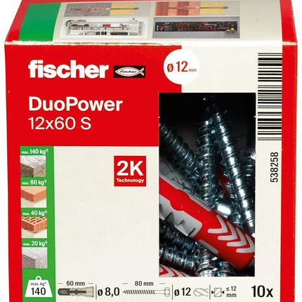 Fischer DuoPower 12 x 60 S, Powerful Universal Plug with Safety Screw, Intelligent 2-Component Technology for fastenings in Concrete, Bricks, Stone, etc., 10 Plugs & 10 Screws