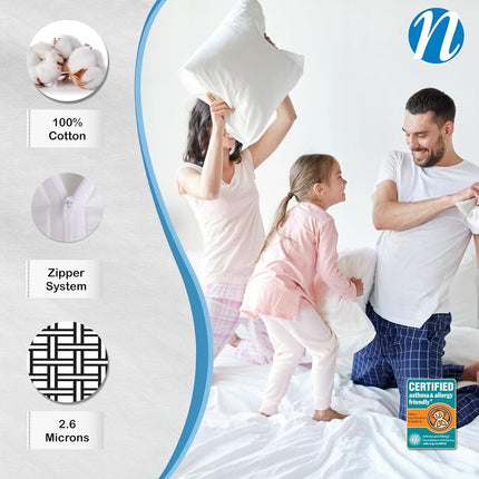 National Allergy Premium 100% Cotton Zippered Pillow Protector - Standard Size - White - 4 Pack - 300 Thread Count - Hypoallergenic Bed Pillowcase with Zipper - Breathable Encasement Cover