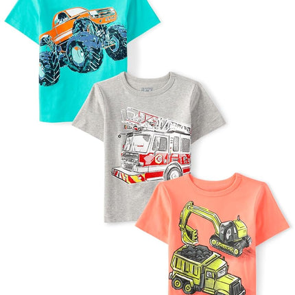 The Children's Place Baby Toddler Boys Short Sleeve Graphic T-Shirt 3-Pack, Monster Truck/Fire Truck/Construction, 12-18 Months