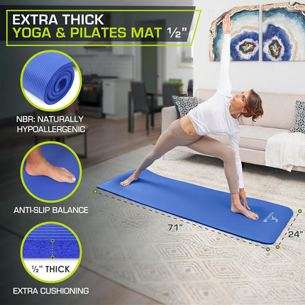 Prosource Premium 1/2-Inch Extra Thick 71-Inch Long High Density Exercise Yoga Mat with Comfort Foam and Carrying Straps, Blue