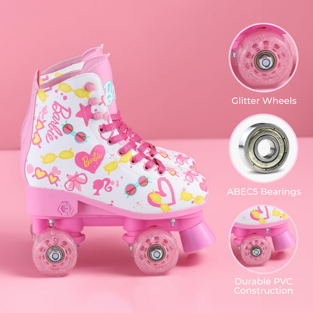 Patines Barbie para niñas - Tallas ajustables 12-2, ruedas con purpurina, rodamientos ABEC 5 - Material de PVC duradero, forro de espuma en el zapato - Perfectos para diversión activa y aventuras, talla 12-2