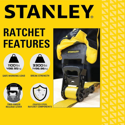 STANLEY S10074 1.5" x 16' Ratchet Tie Down Straps - Heavy Cargo Hauling (3,300 lbs Break Strength) 4 Pack