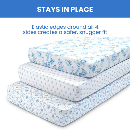 Sábanas ajustables para cuna Delta Children para niñas y niños - Sábana para cuna 100% algodón orgánico para colchones de cuna estándar y para niños pequeños - 28x52 pulgadas - Certificación GOTS (paquete de 3), Botánicos Azules