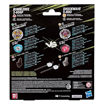 Beyblade X and Transformers Collab, Bumblebee 3-60GP vs. Shockwave 5-80O, 2 Takara Tomy Tops, 2 Launchers, Battling Top Game Toys, Ages 8+
