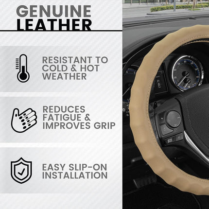 Funda de volante de cuero genuino beige BDK para automóvil, mediana (14.5" - 15.5") – Agarre ergonómico cómodo para hombres y mujeres, funda de volante de automóvil de ajuste universal para la mayoría de los vehículos