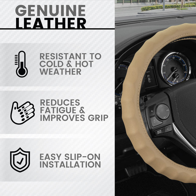 BDK Genuine Beige Leather Steering Wheel Cover for Car, Small 13.5-14 inch – Ergonomic Comfort Grip for Men & Women, Car Steering Wheel Cover for Vehicles with Small Steering Wheel