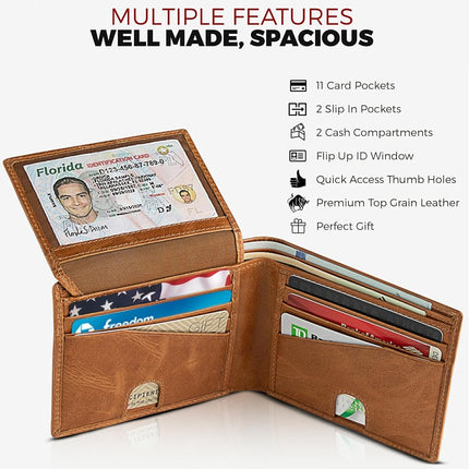 Portefeuille en cuir bifolié RFID pour homme avec porte-cartes d'identité relevable en cuir de buffle vintage marron, marron aventure - marron daim sauvage, 3,5 x 4,5, moderne