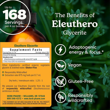 Herb Pharm Alcohol-Free Eleuthero (Siberian Ginseng) Root Glycerite for Energy and Stamina - 4 Ounce