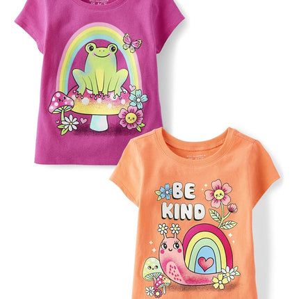 Lot de 2 t-shirts à manches courtes pour bébé fille et jeune enfant The Children's Place, motif graphique escargot/grenouille champignon "Be Kind", 12-18 mois