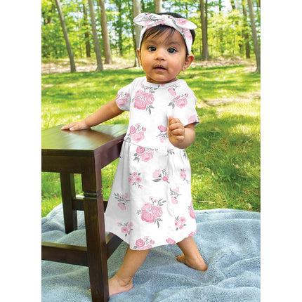 Hudson Baby Robes en Coton pour Bébé Filles, Rose Gris Floral, 12-18 Mois
