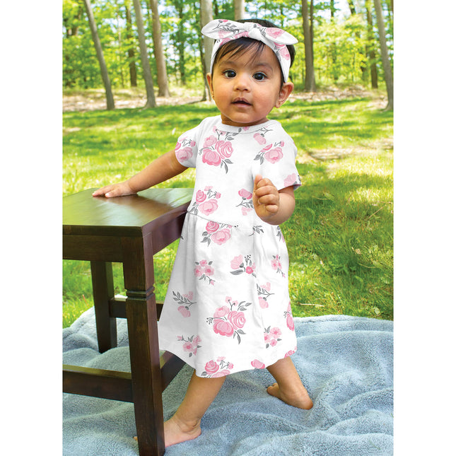 Hudson Baby Girls' Cotton Dresses, Pink/Gray Floral 2 Pack, 5T