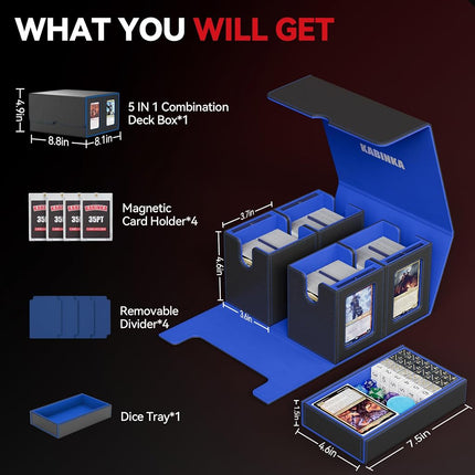 Card Deck Box for MTG with Commander Display, 5 in 1 Card Storage Box Fits 400+ Double-sleeved Cards, Removable Deck Case for TCG/Sports Cards with Dice Tray, 4 Magnetic Card Holders (Black Blue)