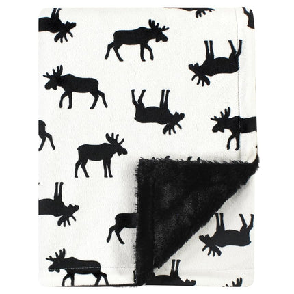 Hudson Baby Unisex Baby Plush Blanket with Furry Binding and Back, Moose, One Size