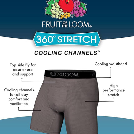 Fruit of the Loom Men's 4-Way Stretch Boxer Briefs | Lightweight & Moisture Wicking Underwear | Long, Regular Leg & Trunk, Regular Leg - Cooling Channels - Colors May Vary, L